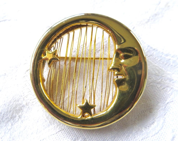 Crescent Moon Brooch, Stars and Moonbeams, Celestial Pin, Vintage Celestial Jewelry, Moon and Stars