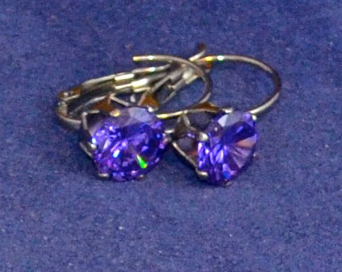 Purple Zircon Leverback Earrings, , 8mm Round, Natural, Set in Stainless Steel E1066