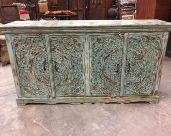 Turquoise Distressed Blue Sideboards Chest Ornate Lotus Carved Double Door Storage Buffet Console