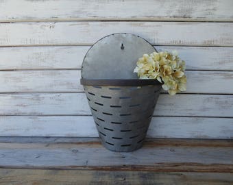 Galvanized Wall Pocket Flower Vase ~ Olive Bucket Slots Slits Look ~ Urban Farmhouse Fixer Upper Industrial Home Decor