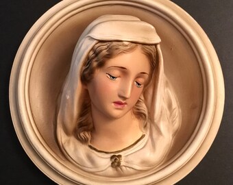 Gorgeous Mid Century Modern Painted Plaster Madonna Blessed Mother Virgin Mary Wall Plaque Wall Hanging Medallion Religious Home Decor