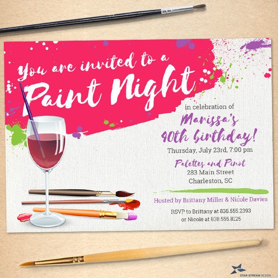 Paint Night Paint And Sip Wine Glass Canvas Party Invitation 