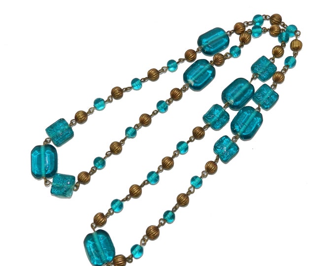 Antique Vintage CZECH Glass Bead Necklace 32" Long Emerald Green Flower Gilded Brass, Dark Teal Opaque, Caribbean Blue, Collectible Jewelry