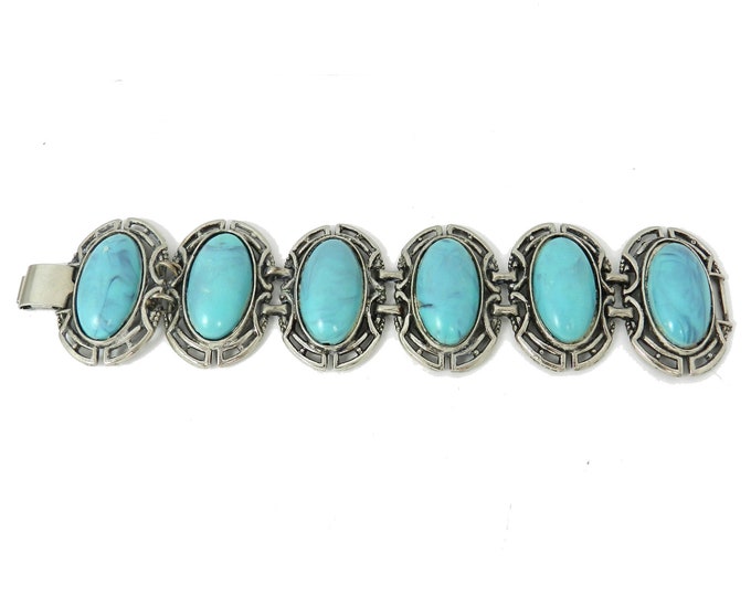 Vintage KARU-ARKE Faux Turquoise Cabochons Silvertone Bracelet, Vintage Karu-Arke Jewelry, Costume Jewelry, Collectible Fashion, Gift