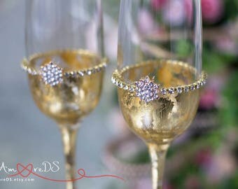 Personalized Wedding Glasses, Gold Wedding Champagne Flutes, 50th Wedding Anniversary Gift, Gatsby Toasting Glasses, 2 pcs /G1/7/13-0001