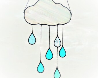 Stained Glass Puffy Cloud with Raindrops