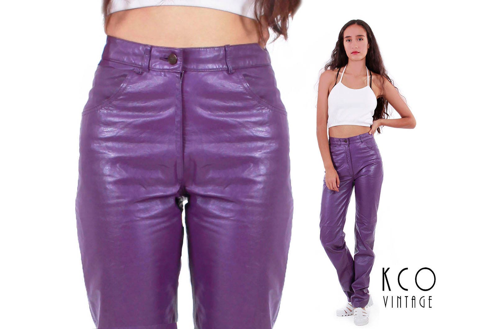 purple leather pants