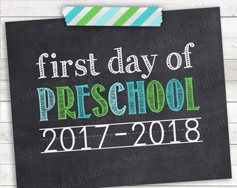 Boy First Day of Preschool 2017-2018 Photo Prop, Blue and Green First Day School, 1st Day School, First Day Preschool, Preschool Sign, 8"x10