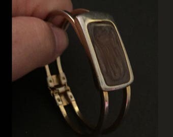 Hinged Bangle Bracelet, Vintage Clamper Clasp Bracelet, Art Glass "Stone", Brown/Sparkly, 1970s Boho, Hippie Bracelet