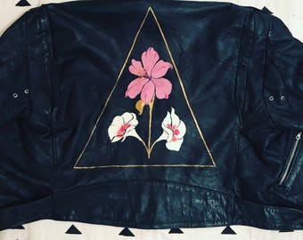 HandPainted Vintage Black Moto Jacket| Vintage Leather Jacket| Vintage Boho Jacket