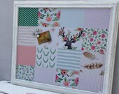 Tableau d'affichage babillard aimanté recouvert tissu rustique chic rose vert cerfs fleurs mint organisation bureau mémo chambre décor