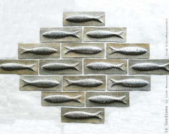 Wall sculpture, Nautical sculpture, 16 Sardines, Fish relieves, Fish tiles, Aluminum, Backsplash, Bathroom, Home decor, Cosé Manzano