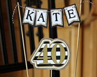 LADIES 40TH BIRTHDAY decorations. 40th Cake Topper, 40th Birthday Cake, Birthday for Her, Party Decor, Black and Gold