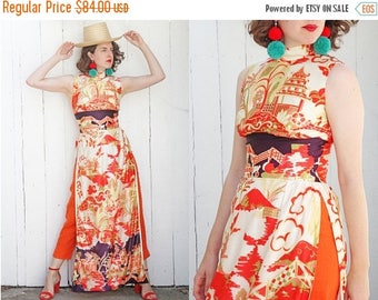 30% OFF Vintage 70s Dress | 70s Sleeveless Asian Print Tunic Dress with High Slits | Small