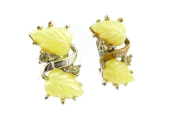 Vintage Yellow Leaf Earrings, Lucite