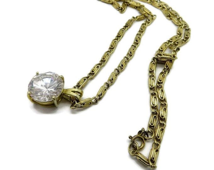 Rhinestone Pendant, Vintage Gold Tone S-Link Necklace, Round Crystal Pendant, Long Chain Necklace, Gift Idea, Gift Box
