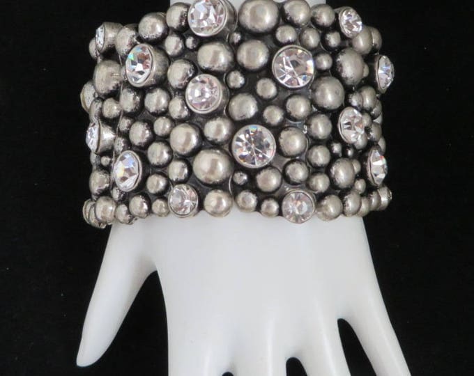 Wide Stone & Rhinestone Bracelet, Vintage Gray Bead, Rhinestone Studded Metal Stretch Bracelet