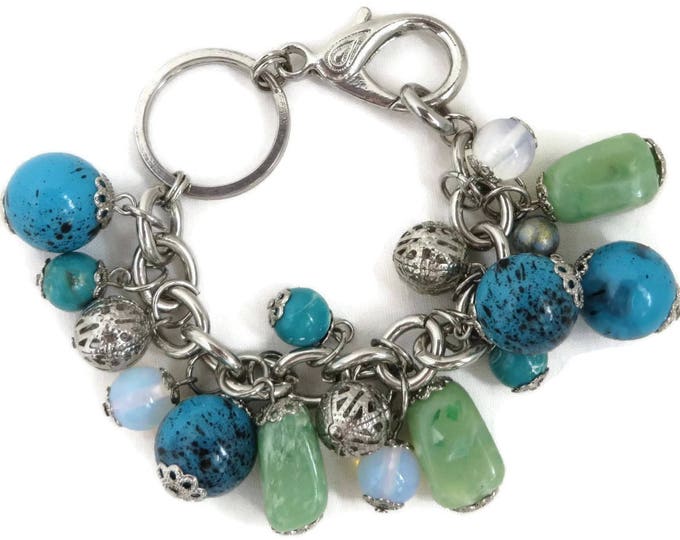 Blue Green Cha Cha Bracelet, Vintage Glass, Stone, Filigree Beaded Silver Tone Linked Bracelet