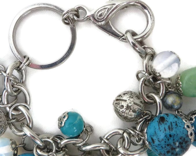 Blue Green Cha Cha Bracelet, Vintage Glass, Stone, Filigree Beaded Silver Tone Linked Bracelet