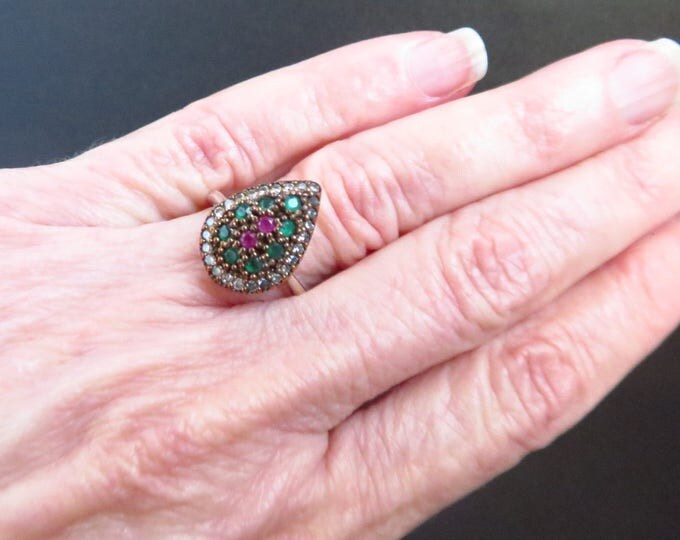 Faux Emerald & Ruby Ring - Vintage Sterling Silver Faux Gemstones Cocktail Ring, Two Tone Sterling Silver, Pear Shaped Ring, Size 7.5