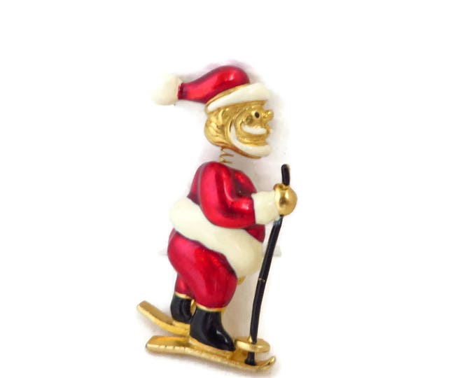 Vintage Brooch - Santa Claus Vero Brooch, Bobble Head Skiing Santa Pin
