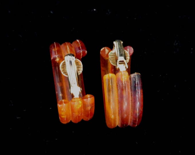 Amber Lucite Hoops, Vintage 1950s Golden Brown Clip-on Earrings