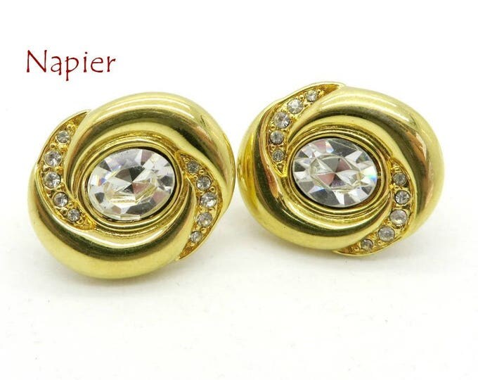 Rhinestone Bridal Earrings - Vintage Napier Oval Gold Tone Clip-on Earrings, Perfect Gift, Gift Boxed