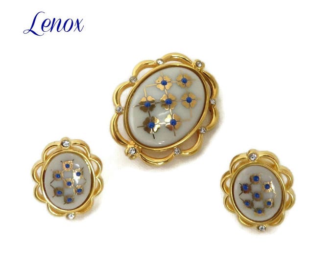 Lenox China Brooch, Earrings - Vintage Blue Dot Ivory China Demi Parure, Gift for Her, Gift Boxed