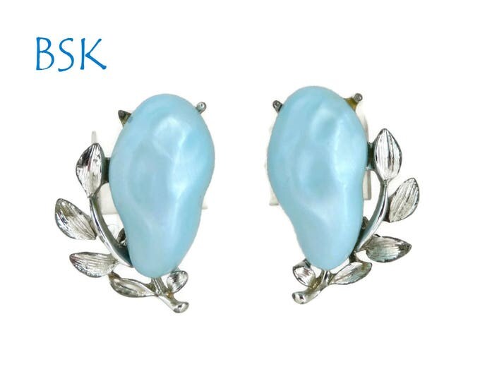 BSK Blue Lucite Earrings, Vintage Light Blue Silver Tone Leaf Clip-on Earrings, Kidney Shape Earrings