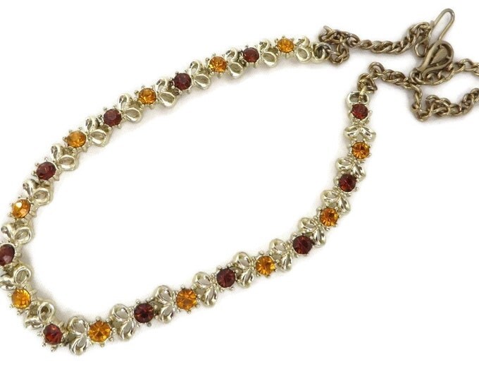 Vintage Orange Brown Rhinestone Necklace, Gold Tone Linked Choker