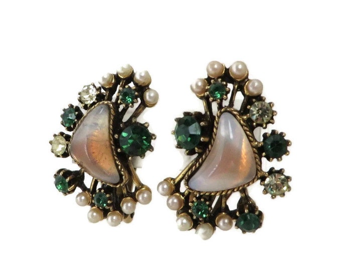 Vintage Florenza Earrings, Green & White Rhinestones, Faux Pearls, Opal Lucite Cabochons, 1960s Designer Clip-ons