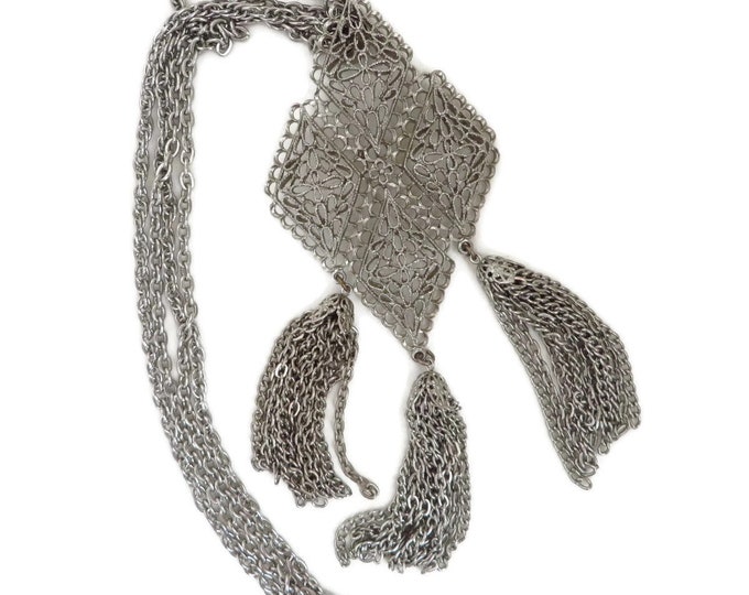 Tassel Necklace, Vintage Pendant Necklace, Silver Tone Double Chain Link Necklace, Large Filigree Pendant, Boho Statement Jewelry Tassel Necklace, Vintage Pendant Necklace, Silver Tone Double Chain Link Necklace, Large Filigree Pendant, Boho Statement Jewelry