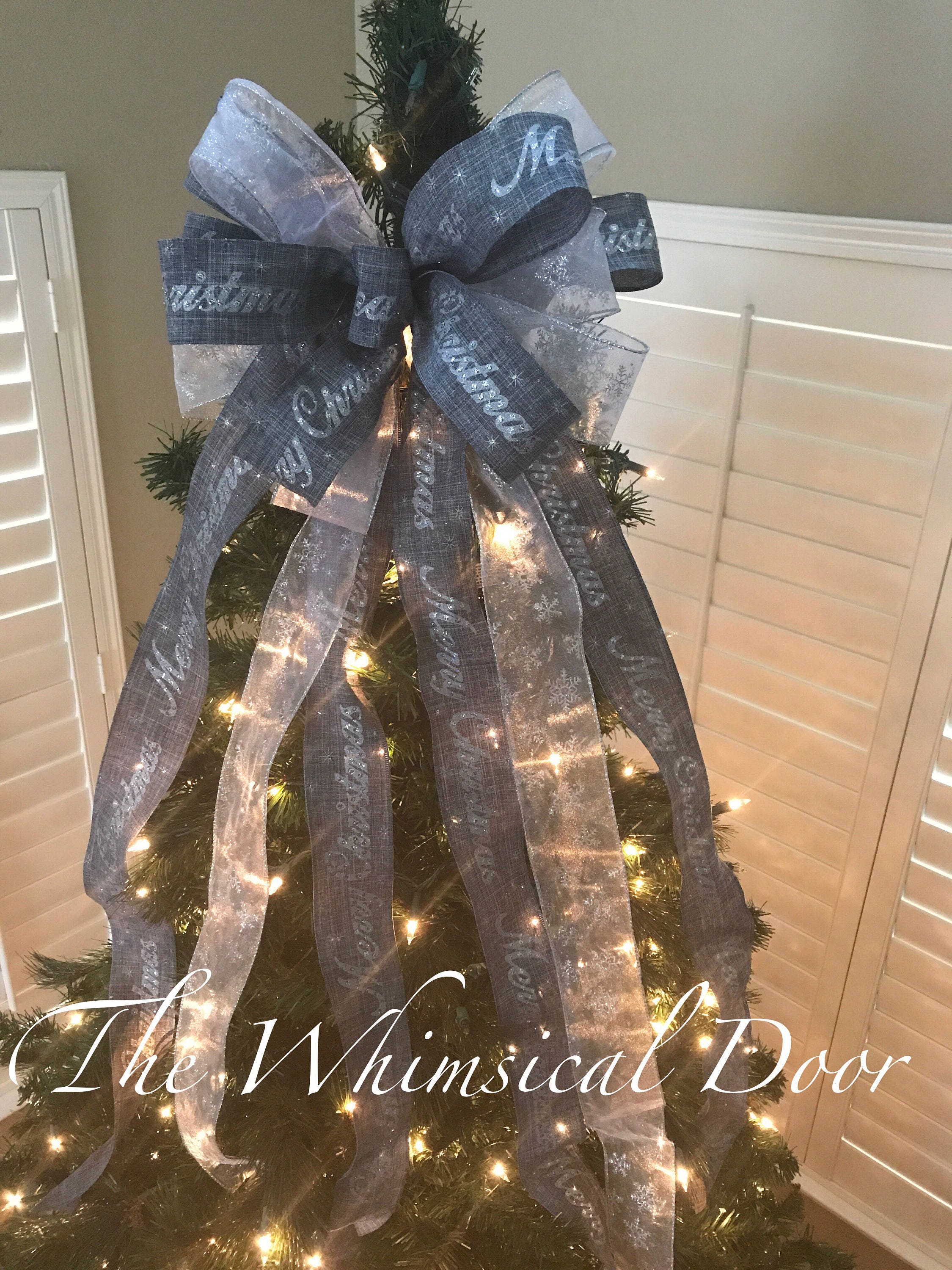 Christmas Tree Bow Topper Whimsical Silver Merry Christmas Tree Bow Topper Whimsical Silver Merry