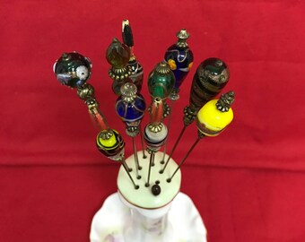 Limoges France Porcelain Hand Painted Floral Hatpin Holder Ten Nine Inch Hatpins One Three Inch Hatpin