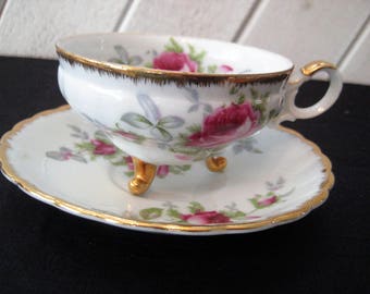 Vinatge tea cup, footed tea cup, pink roses floral tea cup, mid century, shabby cottage chic decor