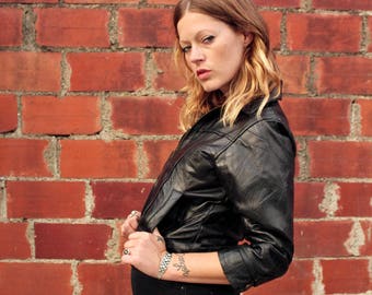 80s Black Bomber Leather Jacket/ Black Patchwork Leather Jacket/ Small Leather Jacket/ Three Quarter Length Sleeves/ Girls Leather Jacket