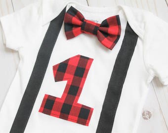Lumberjack First Birthday Outfit, Buffalo Plaid Outfit, Baby Boy First Birthday