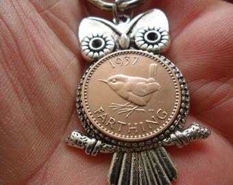 80th birthday gift Owl bag charm owl gift with British 1937 bird coin gift for a woman gift for a man 80th birthday present
