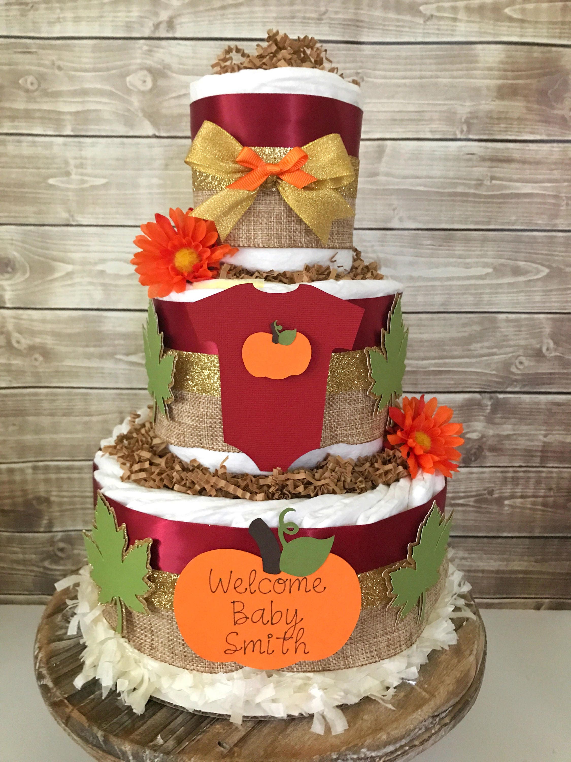 Fall Diaper Cake in Burgandy Burlap and Forest Green Fall