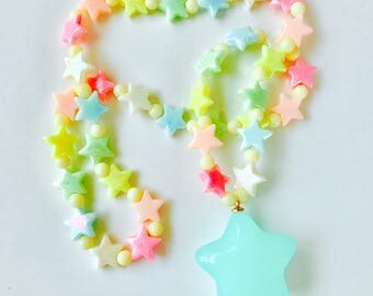 Chunky Blue Star Pastel Goth Kawaii Long Beaded Necklace