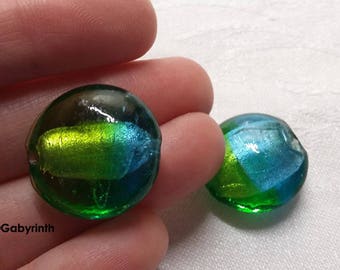 2 round 20mm blue Aqua - lime green Lampwork beads