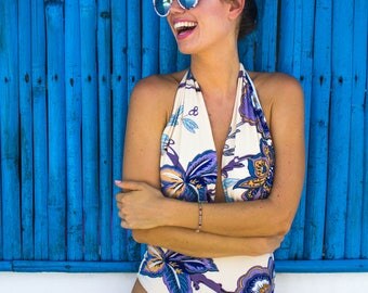 One Piece Swimsuit High Waisted Vintage Style 70's Retro Cream Purple Blue Oriental Flower Print Floral Boho Pretty Bathing Suit Swimwear