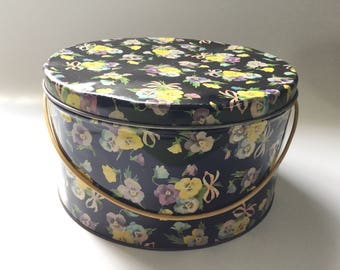 Vintage Sewing Tin with Cord Handle/Litho Printed Tin/Pansy Bouquets on Black Background/Kresge's