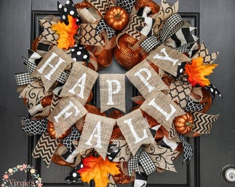 Happy Fall Wreath, Autumn Wreath, Halloween and Fall Wreath, Burnt Orange Deco Mesh Wreath, Orange and Black Fall Wreath