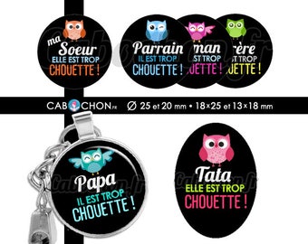 Chouette Famille 60 Images Digitales RONDES 25 et 20 mm OVALES 18x25 et 13x18 mm hibou maman papa mamie tatie marraine tata cabochons badge