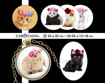 Animaux Bohèmes • 60 Images RONDES 25 20 mm OVALES 18x25 13x18 mm lapin chat panda chien Chihuahua gipsy boho fleurs wild chaton couronne