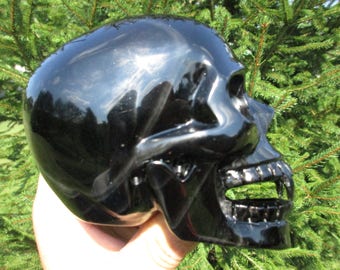 HUGE Black Obsidian Vampire Skull-Large Banded Silver Sheen Obsidian Skull Carved Quartz Crystal Skull Reiki Scrying kit-Fang Eclipse Charge