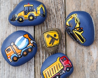 Set 1, Set of 5 Construction Site Hand Painted Stones Rocks, Story Stones, Sandbox Toys, Excavator, Tractor, Dump Truck, Cement Mix
