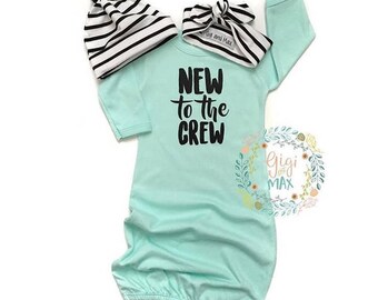 Baby girl or boy gown New to the Crew, baby gown gender neutral coming home outfit - mint gown going home set brand new, baby shower gift