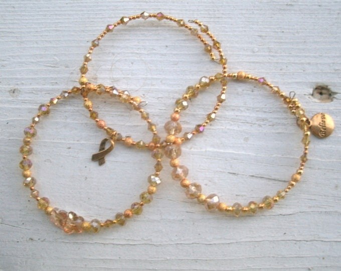 Childhood Cancer Gold Ribbon Bracelet, stackable bracelets, 3 in mix/match styles, wear one or all 3, memory wire wrap, Crystal beads plus